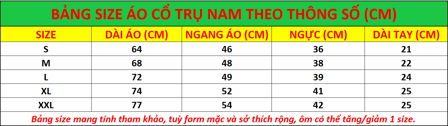 BẢNG SIZE ÁO CỔ TRỤ NAM THEO THÔNG SỐ